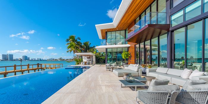 Indian Creek waterfront pool terrace with bay view, Miami Beach