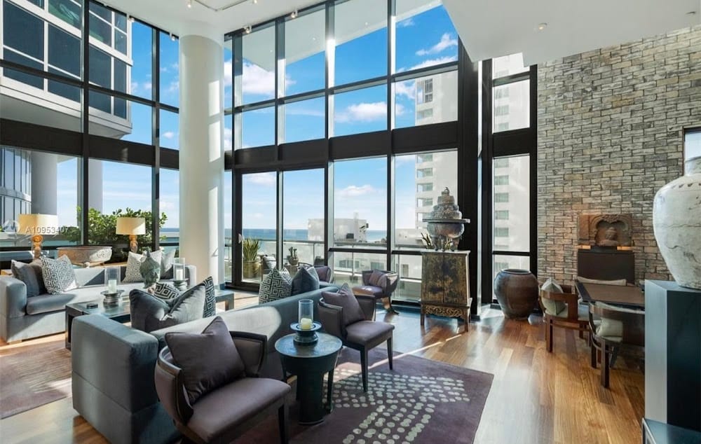 Double-height ocean view penthouse living room, Miami Beach